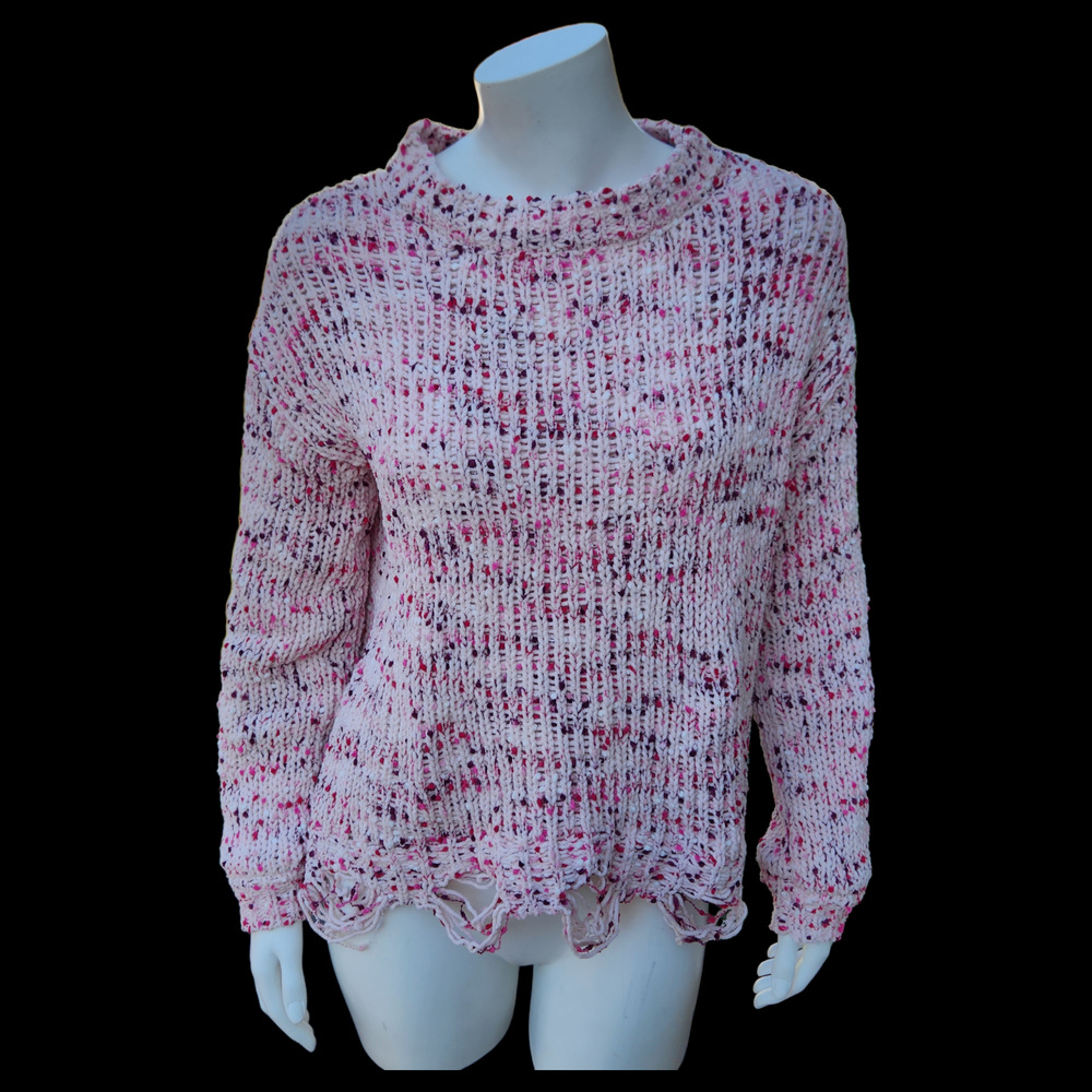 Rue 21 Women's Shredded Sweater Pink‎ and White Knit Size XS Mock Neckline